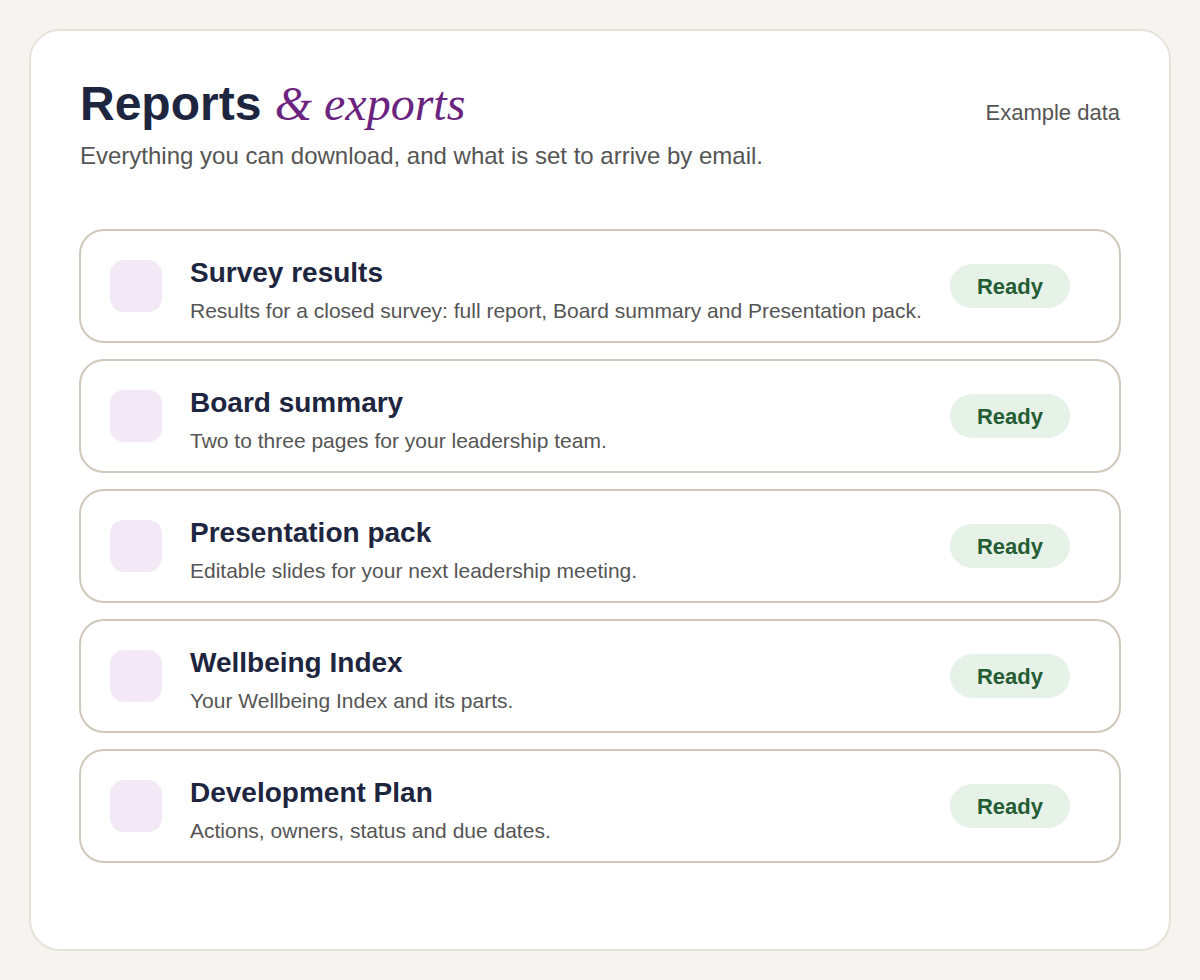 Example data. Report and export options.